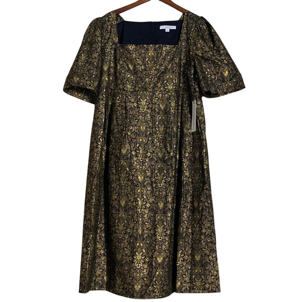 Birds of North America Midi Dress Womens 2X Gold Black Brocade Puff Sleeve New - Picture 3 of 11
